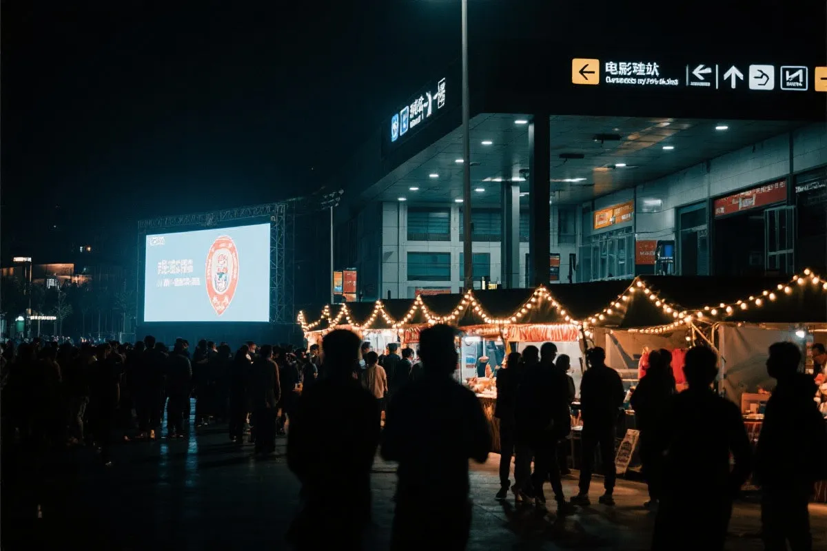 费城球迷广场夜景：大屏观赛人群、步行指示牌与公共交通入口